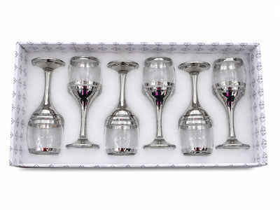 Pahar cu Picior 6/set, din Sticlă 18cm, Model Argintiu cu Dungi Decorative, Transparent Engros