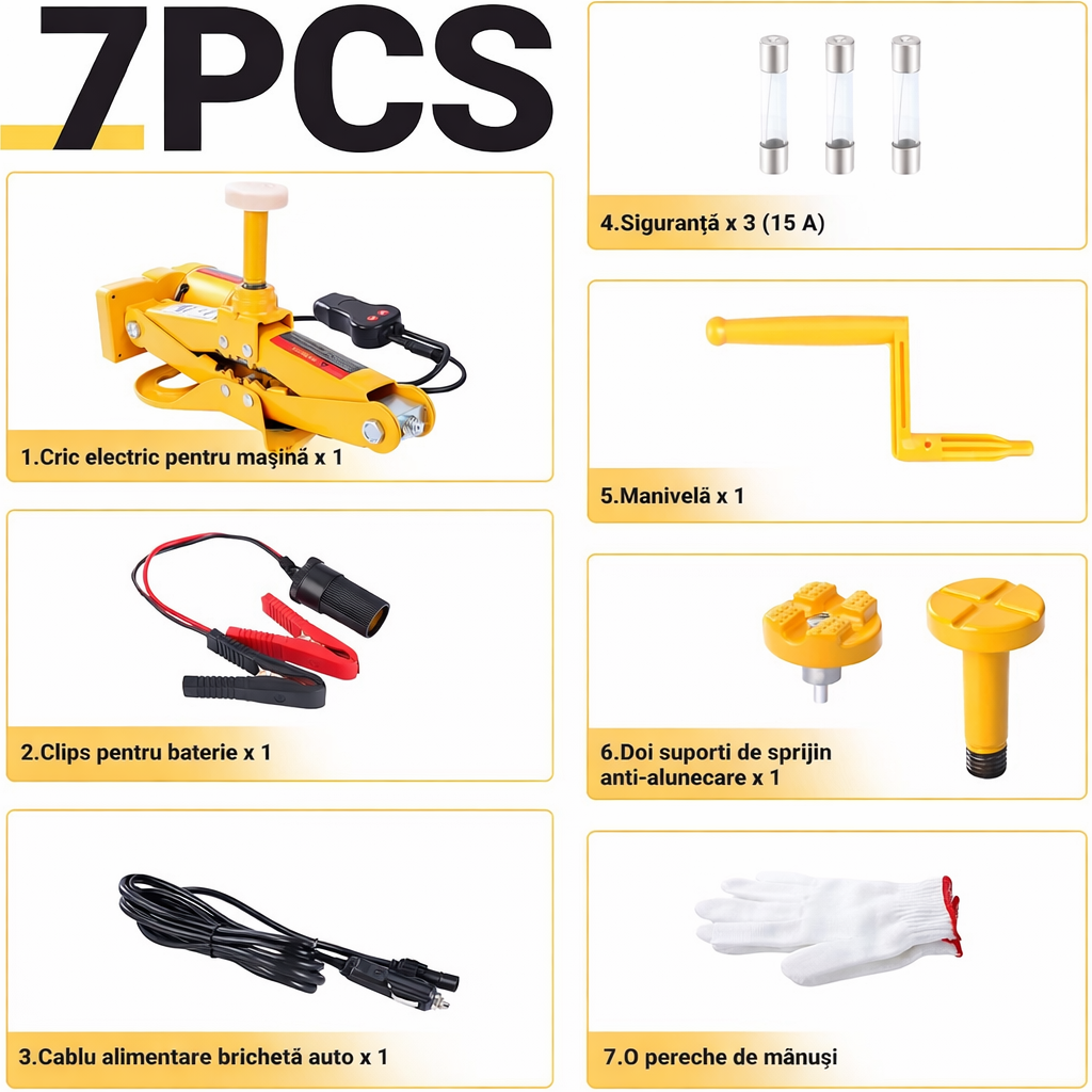 Cric Electric Auto 3T, 40x15.5cm Ridicare 12-42cm, Elevator tip Foarfecă pentru Schimbarea Anvelopelor cu Telecomandă, Set Complet cu Accesorii, Portabil în Cutie Engros