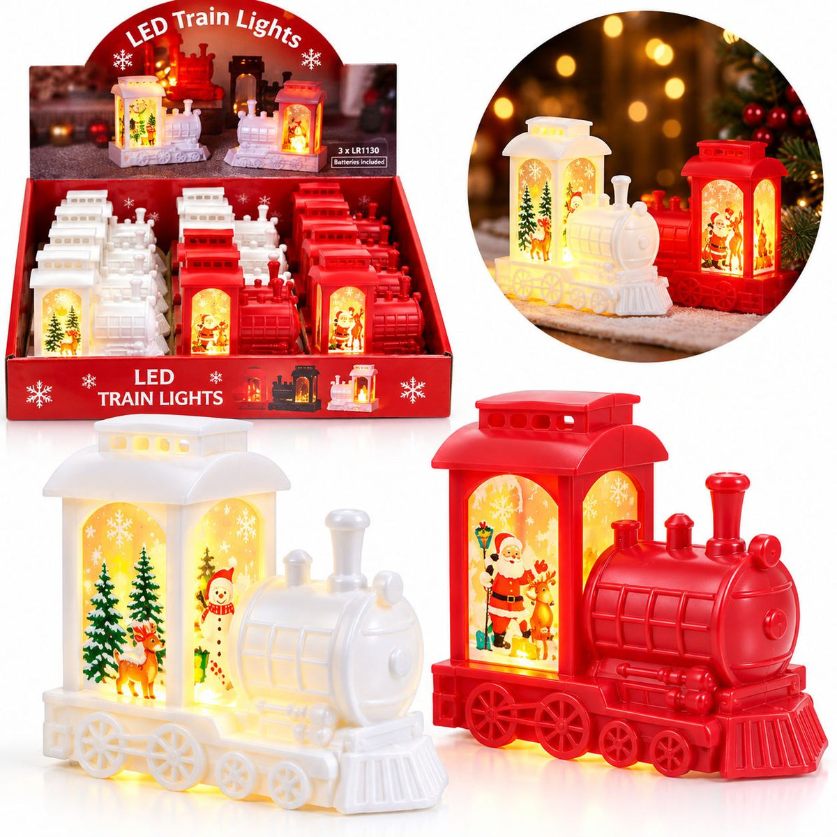 Tren LED 9x10cm, Decorațiune de Crăciun 12/set din Plastic, cu Lumină Caldă, Diferite Modele Colorate Engros