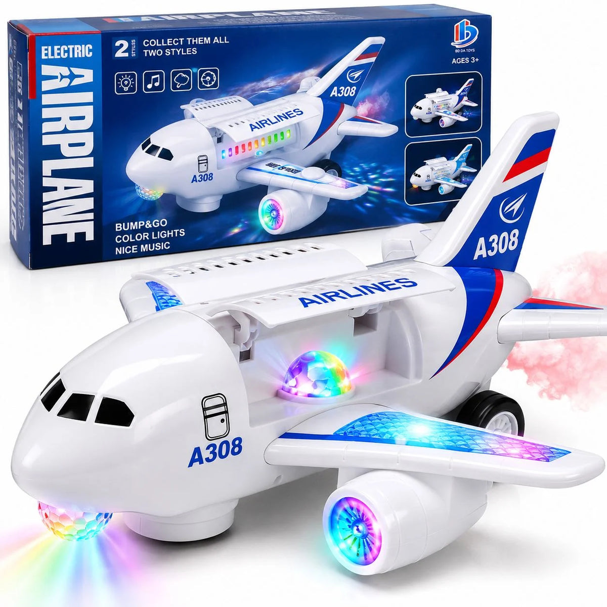 Avion de Jucarie Interactiv A308, 26cm, cu Lumini LED, Muzica, Pulverizare Aburi, Usa Cabina cu Deschidere si Miscare Automata 360° Engros