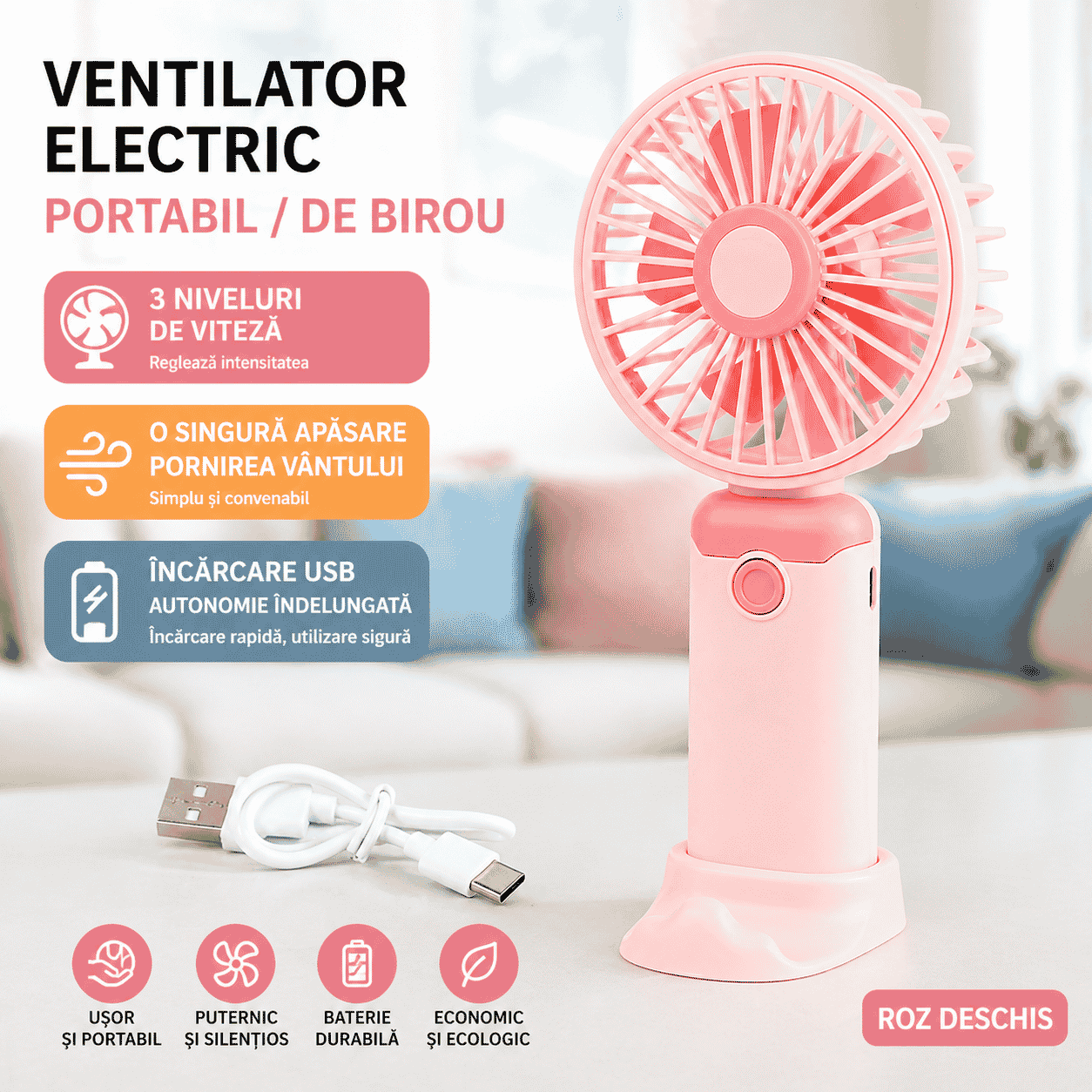 Ventilator Portabil cu Suport Telefon 19x9cm, USB, 3 Viteze, din Plastic, Diferite Culori Engros