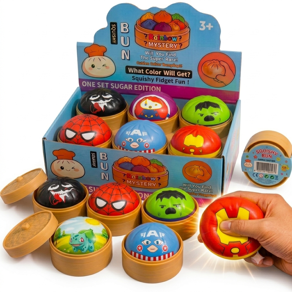 Jucărie Squishy Dumpling 12/set, în Cutie Plastic, 9cm Antistres, Model Super Eroi și Personaje Desenate Engros