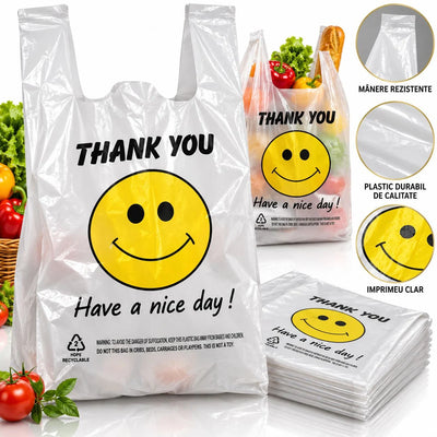 Pungi Tip Maieu 39×24cm, 50/Set, cu Model Smiley, din Plastic Engros