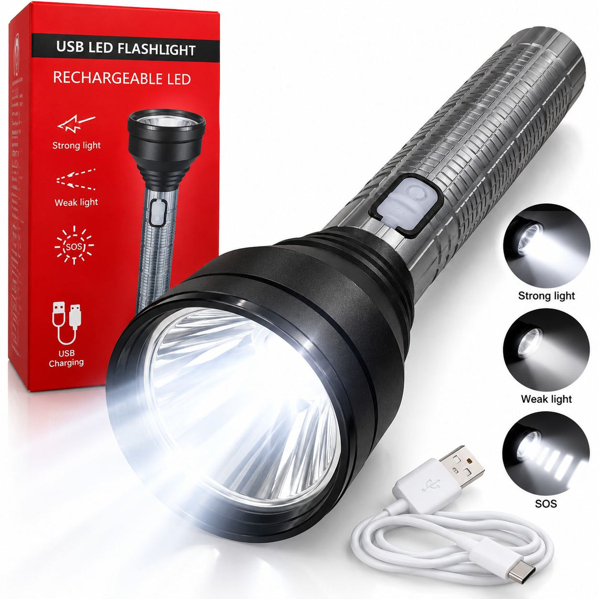 Lanterna LED 17x7cm, Reincarcabila USB-C QL-3068, cu 3 Moduri de Iluminare, Lumina Puternica si Functie SOS Engros