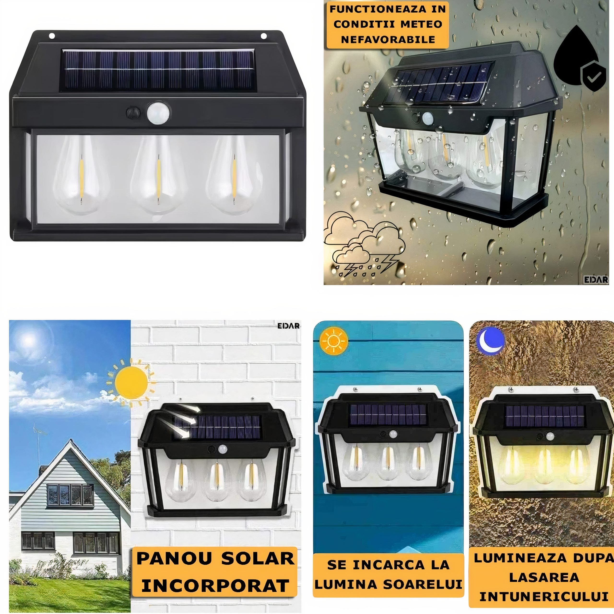 Lampa Solara Led cu Senzor de Miscare 24x17cm de Perete, cu 3 Becuri 888-3W Engros