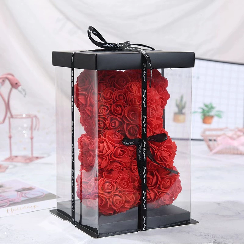Ursulet din Trandafiri 23cm cu Flori de Spuma, in Cutie Transparenta 30x17cm Diferite Culori Engros