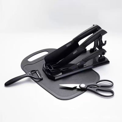 Set Bucătărie 7 Piese cu Tocător, Cuțite și Foarfecă, Suport Inclus, Oțel Inoxidabil, Mânere Ergonomice, Model Profesional Engros