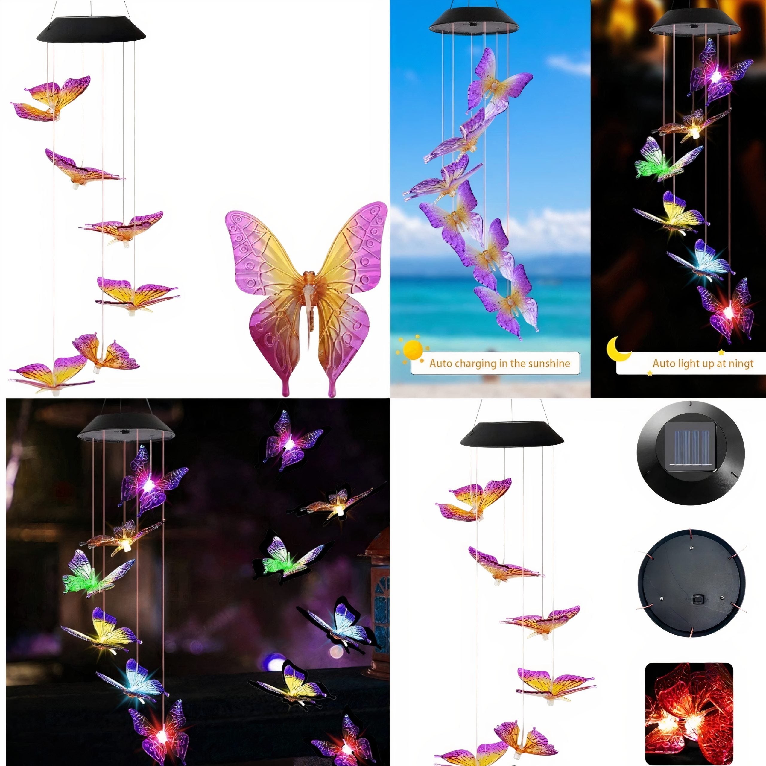 Lampa Solara LED 80cm cu Clopotel de Vant, Model cu 6 Fluturasi Multicolori din Sticla Engros
