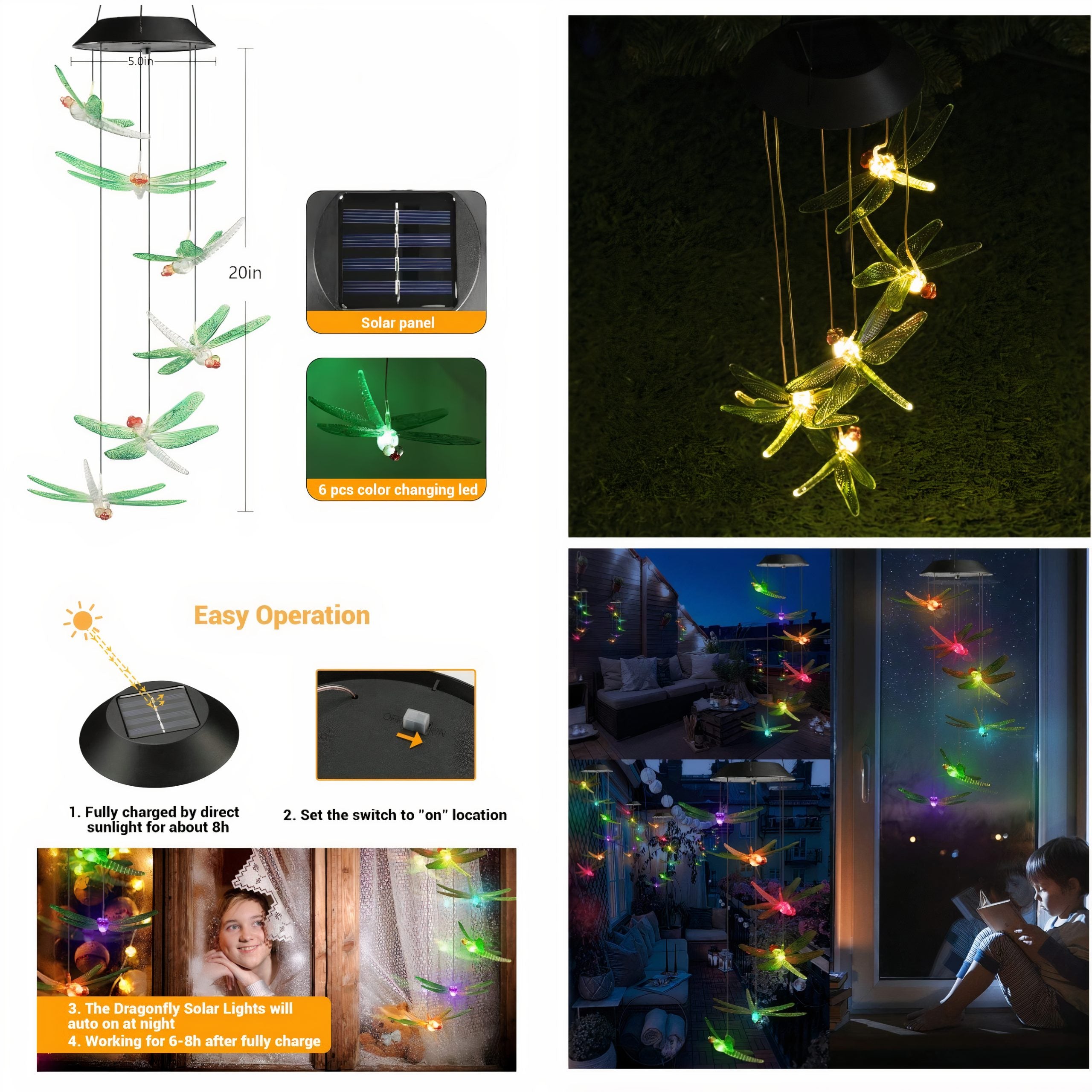 Lampa Solara LED 80cm cu Clopotel de Vant, Model cu 6 Libelule Multicolore din Sticla Engros