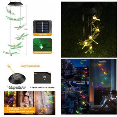 Lampa Solara LED 80cm cu Clopotel de Vant, Model cu 6 Libelule Multicolore din Sticla Engros