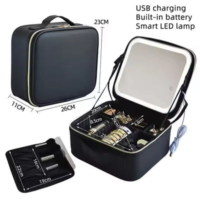 Geantă Organizator Machiaj cu Oglindă LED, 26x23x11cm, Compartimentare Reglabilă, Reîncărcabilă USB Diferite Culori Engros
