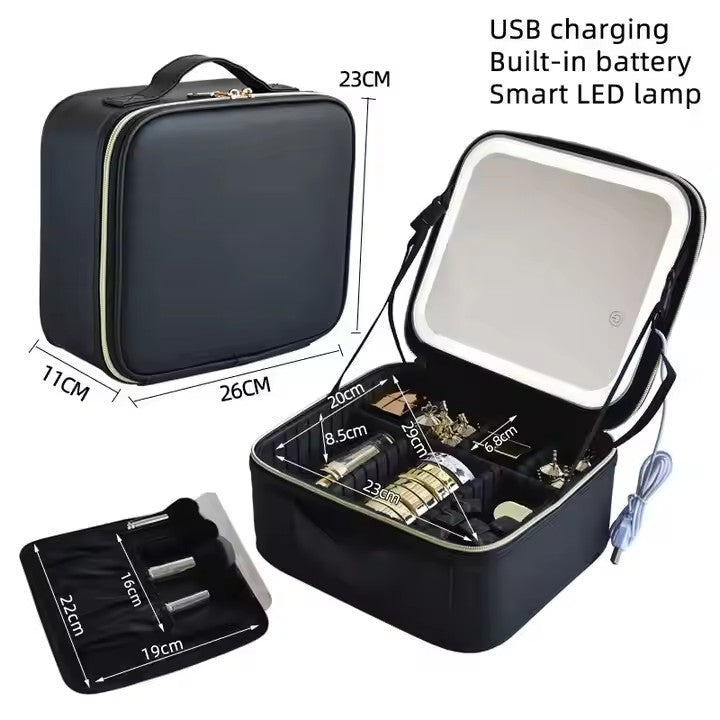 Geantă Organizator Machiaj cu Oglindă LED, 26x23x11cm, Compartimentare Reglabilă, Reîncărcabilă USB Diferite Culori Engros