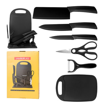 Set Bucătărie 7 Piese cu Tocător, Cuțite și Foarfecă, Suport Inclus, Oțel Inoxidabil, Mânere Ergonomice, Model Profesional Engros