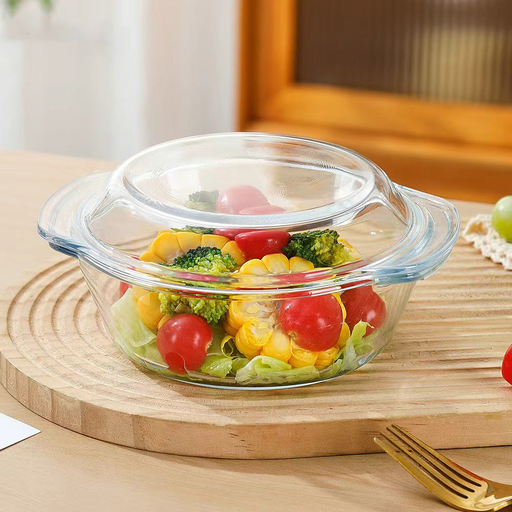 Vas Rotund 18x8.5cm cu Capac, din Sticlă Termorezistentă 1L, pentru Cuptor și Gătit, Model Transparent Engros