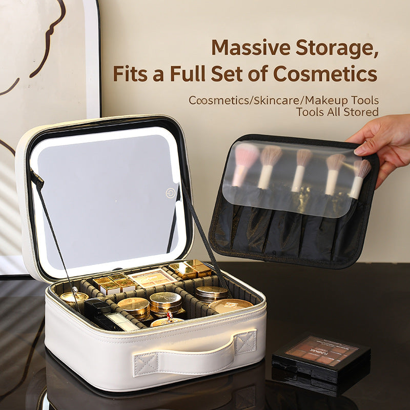 Geantă Organizator Machiaj cu Oglindă LED, 26x23x11cm, Compartimentare Reglabilă, Reîncărcabilă USB Diferite Culori Engros
