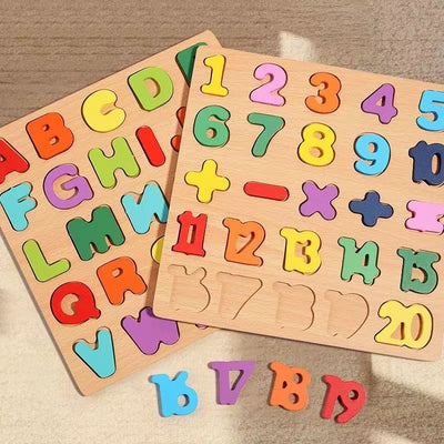 Puzzle Educativ din Lemn 20x20cm, Alfabet, Cifre, Operatii Matematice si Forme Geometrice, Diferite Modele Engros