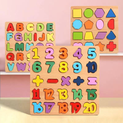Puzzle Educativ din Lemn 20x20cm, Alfabet, Cifre, Operatii Matematice si Forme Geometrice, Diferite Modele Engros
