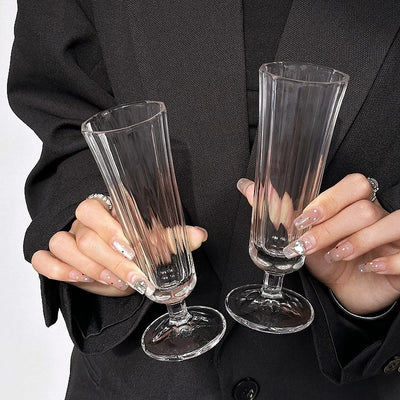 Pahar cu Picior 16cm, din Sticlă 6/set, Model Striat, Transparent Engros
