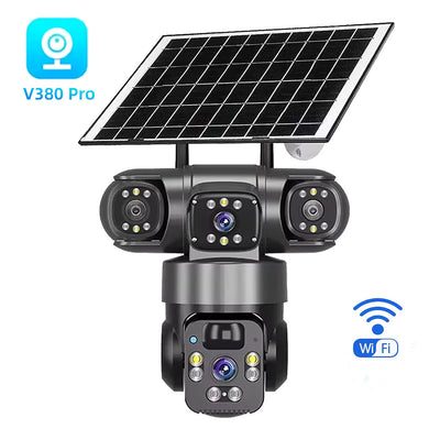 Cameră Supraveghere 4G Solară, 4 Camere Reale 360°, cu SIM, Panou Solar, 20cm, Vedere Nocturnă Color, Audio Bidirecțional, Senzor Mișcare, Control prin Telefon Engros