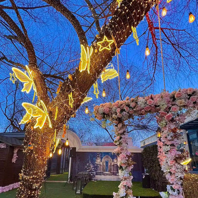 Fluture Decorativ LED de Craciun, Aripi din Dantela cu Sclipici, 65x45cm, Lumina Alb Cald, Aripi in Miscare si Sunete, Tija 130cm, Cablu 200cm, Interior/Exterior Engros