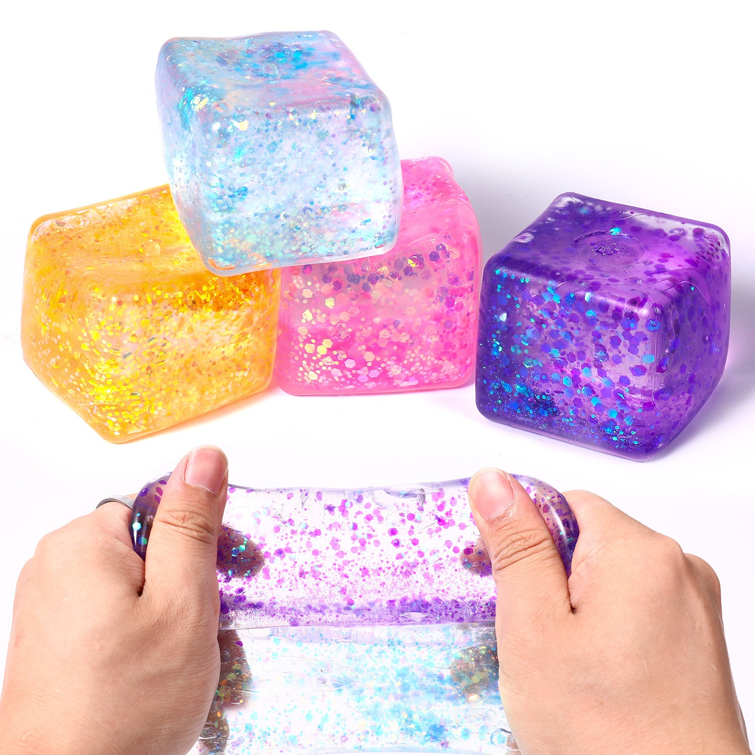 Cub Antistres, Glitter Ice Cube 4x4cm, Jucărie Senzorială Squishy din Gel Elastic, cu Textură Crystal Stretch & Squeeze Engros
