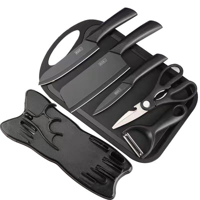 Set Bucătărie 7 Piese cu Tocător, Cuțite și Foarfecă, Suport Inclus, Oțel Inoxidabil, Mânere Ergonomice, Model Profesional Engros