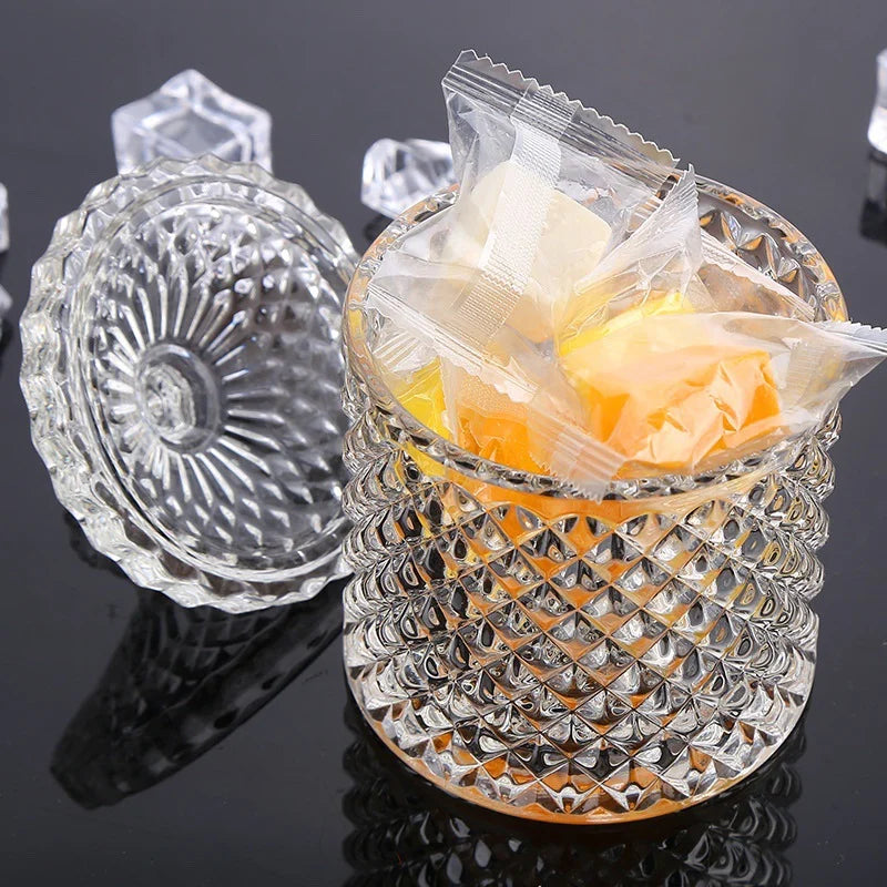 Recipient cu Capac 13.5cm, din Sticlă, Model Diamant, Transparent Engros