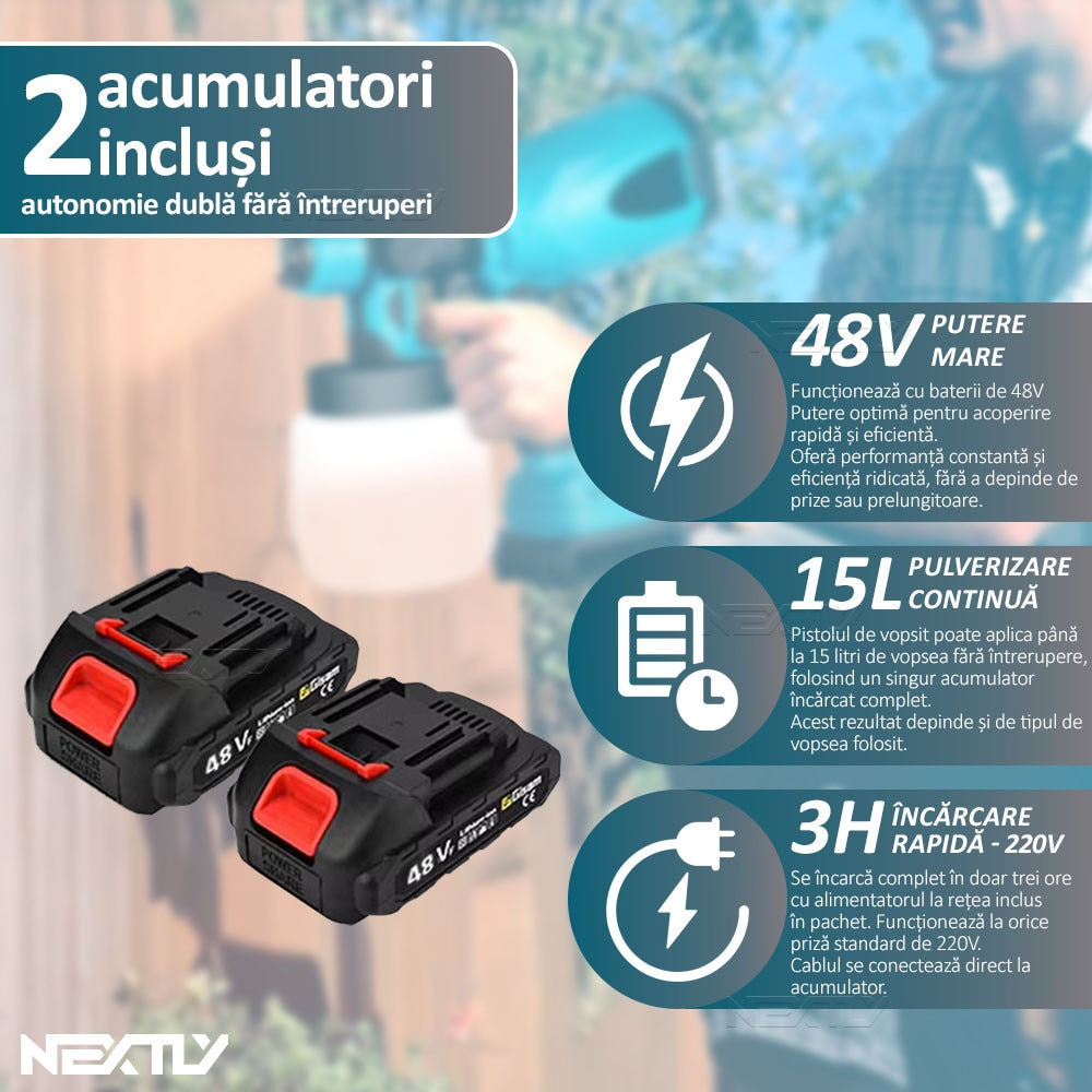 Pistol de Vopsit Electric cu Acumulator 48V, Rezervor 800ml, Debit Reglabil, 3 Moduri Pulverizare, Autonomie Mare, 2 Acumulatori Incluși Engros