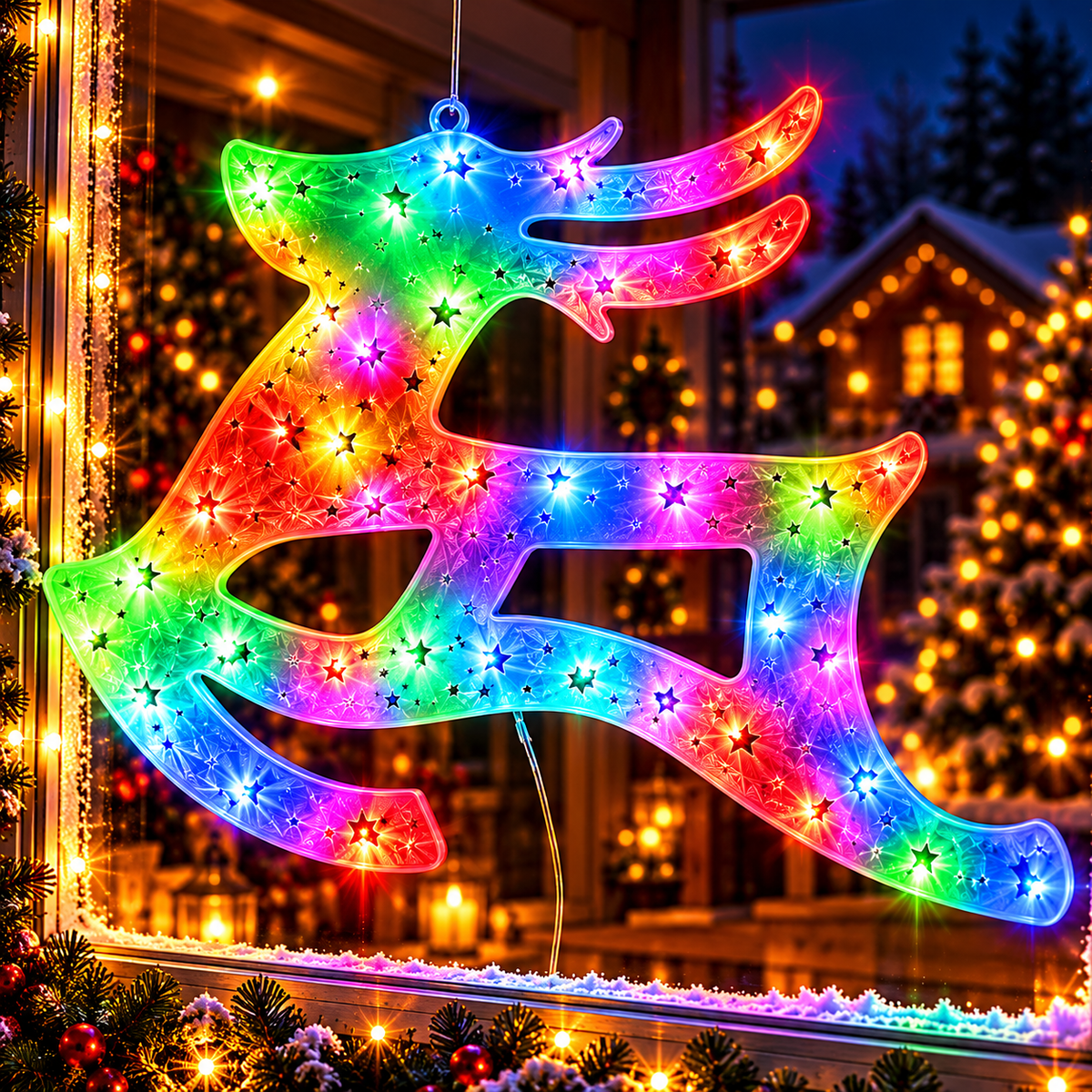 Decoratiune de Crăciun 42x27cm Ren, Instalatie cu Lumină LED Multicoloră, pentru Interior și Exterior Engros