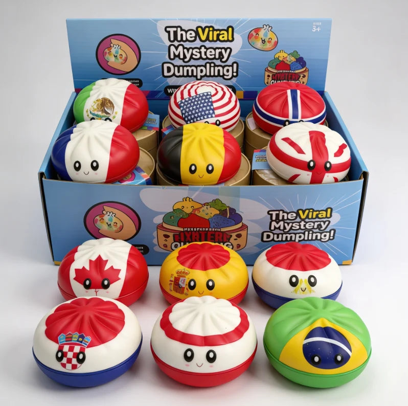 Jucărie Squishy Dumpling 12/set, în Cutie Plastic, 9cm, Antistres, Model Cupa Mondiala Fotbal Engros