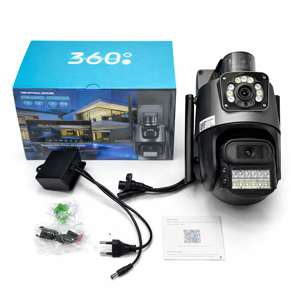 Cameră Supraveghere Wi-Fi Dual Lens 2 Camere Reale, 4G Ultra HD, Rotire 360°, Vedere Nocturnă Color, Alarmă LED, Audio Bidirecțional, Control prin Telefon, 2 Antene Externe Engros