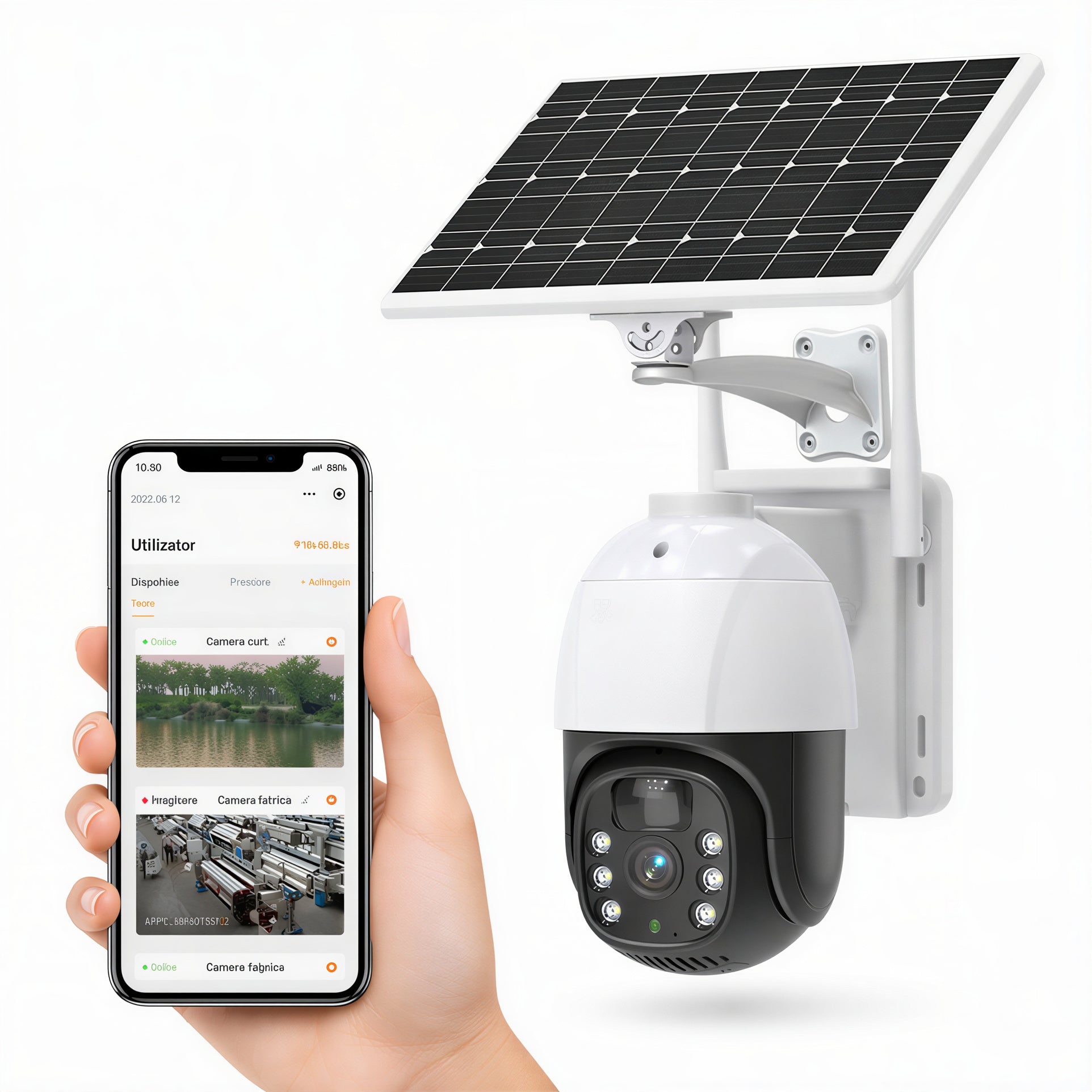 Cameră Supraveghere Solară 19cm, 4K Ultra HD, Rotire 360°, Triple Lens Design, o Cameră Reală, 2 Antene Wi-Fi, Vedere Nocturnă IR, Audio Bidirecțional, Control prin Telefon Engros
