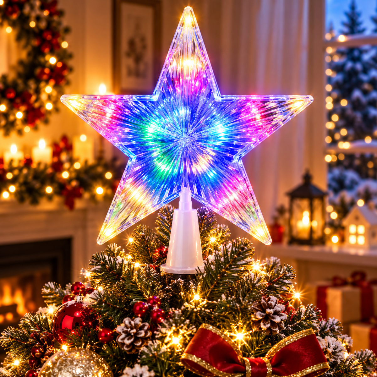 Stea de Craciun 19cm pentru Varf de Brad, cu LED si Lumini Multicolore, Efect Luminos, Alimentare la Priza Engros