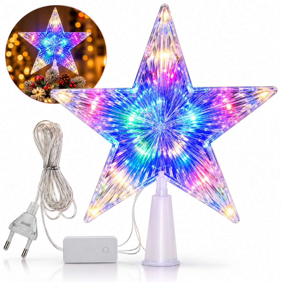 Stea de Craciun 14.5cm pentru Varf de Brad, cu LED si Lumini Multicolore, Efect Luminos, Alimentare la Priza Engros