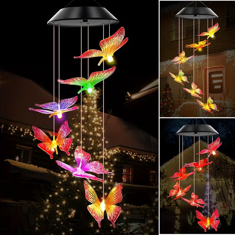 Lampa Solara LED 70cm cu Clopotel de Vant, Model cu 6 Fluturasi Multicolori, Panou Solar si Agățătoare Inclusă din Plastic Engros