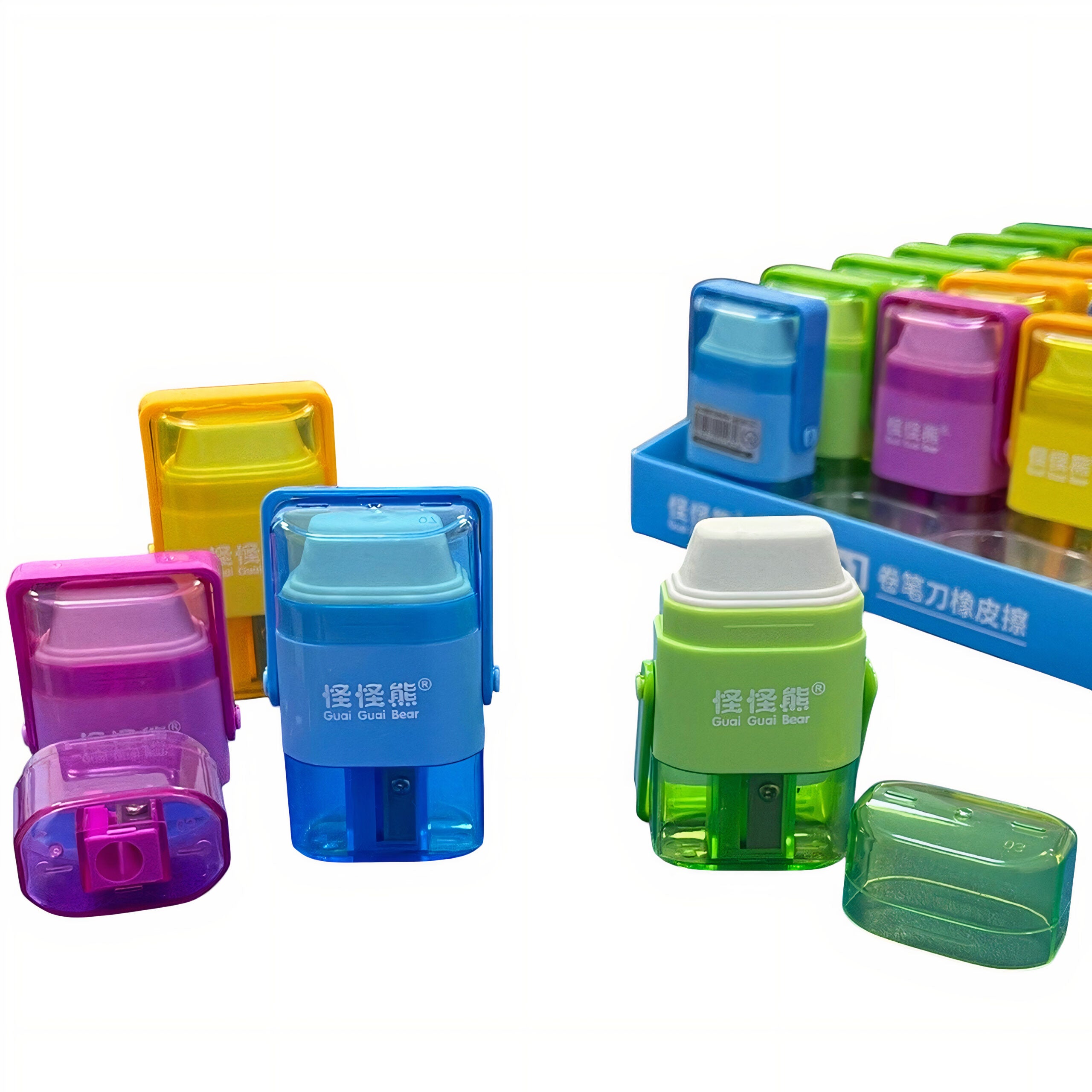 Ascutitori Colorate 16/Set, cu Guma de Sters, Forma Dreptunghiulara cu Container, 9 cm Engros