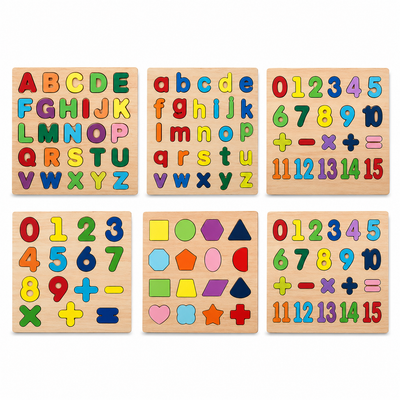 Puzzle Educativ din Lemn 20x20cm, Alfabet, Cifre, Operatii Matematice si Forme Geometrice, Diferite Modele Engros