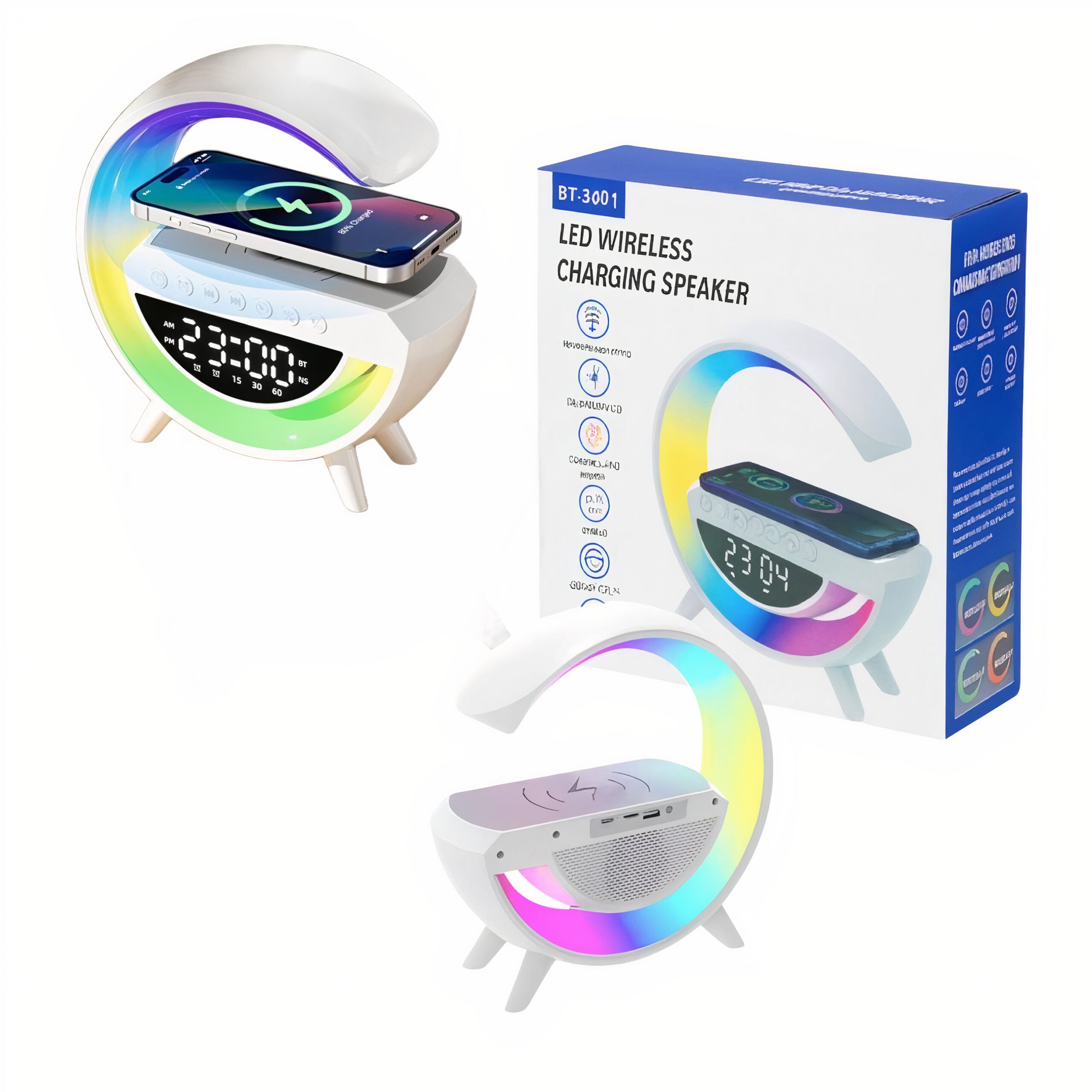 Boxă Portabilă 4 în 1 cu Iluminare LED Multicoloră 24x23x8cm, Ceas Digital Radio FM Microfon și Încărcare Wireless Engros