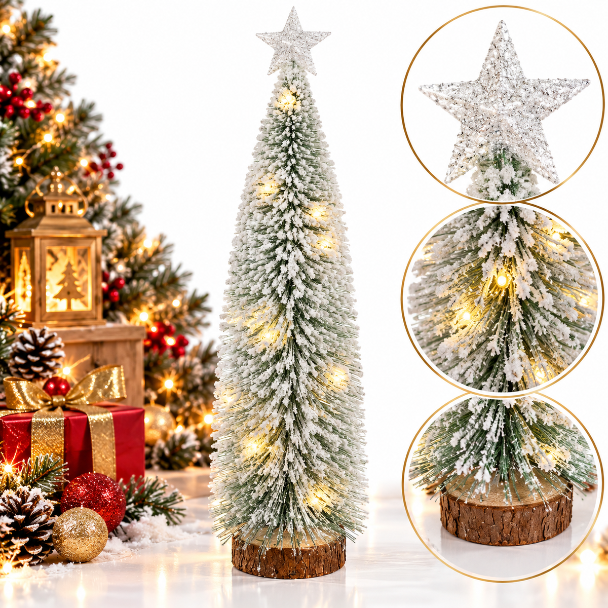 Brad Decorativ 45cm de Crăciun cu Luminite LED Calde, și Stea Strălucitoare în Vârf Model cu Zăpadă Artificială Engros+aQRT