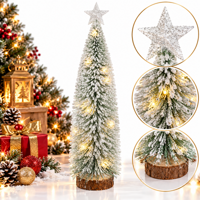 Brad Decorativ 45cm de Crăciun cu Luminite LED Calde, și Stea Strălucitoare în Vârf Model cu Zăpadă Artificială Engros+aQRT
