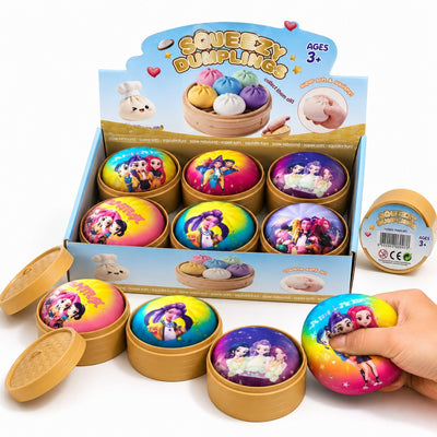 Jucărie Squishy Dumpling 12/set, în Cutie Plastic, 9cm, Antistres, Diferite Modele cu Personaje Engros