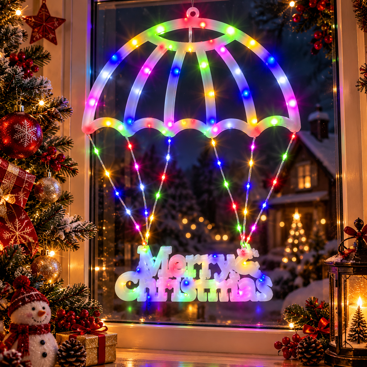 Instalatie Decorativa LED Umbrela Merry Christmas 69x50cm, Lumina Multicolora, Jocuri de Lumini si Flash, Decoratiune de Craciun Engros