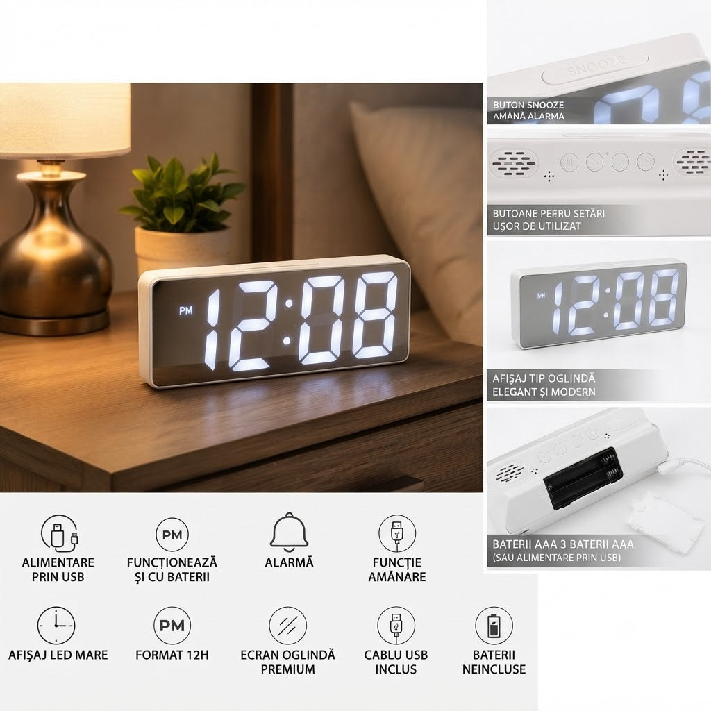 Ceas Digital LED 15×6.5cm, Afișaj Oglinda cu Cifre Mari, Alarmă cu Funcție Amanare, Alimentare prin USB sau Baterii Engros