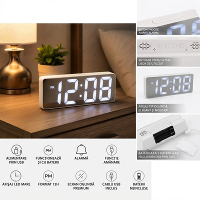 Ceas Digital LED 15×6.5cm, Afișaj Oglinda cu Cifre Mari, Alarmă cu Funcție Amanare, Alimentare prin USB sau Baterii Engros