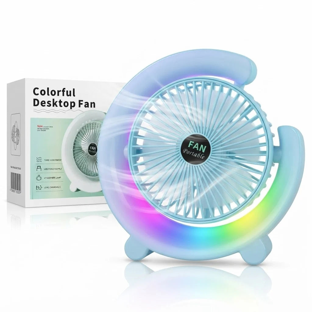 Ventilator Portabil 24cm cu Iluminare LED Multicolora, 3 Trepte de Viteză, Rotire Reglabilă, USB, Diferite Culori Engros