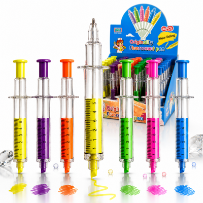 Pix 2 în 1 cu Marker Fluorescent 36/set, Pix cu Bilă, Model Seringă 14cm, Diferite Culori Engros