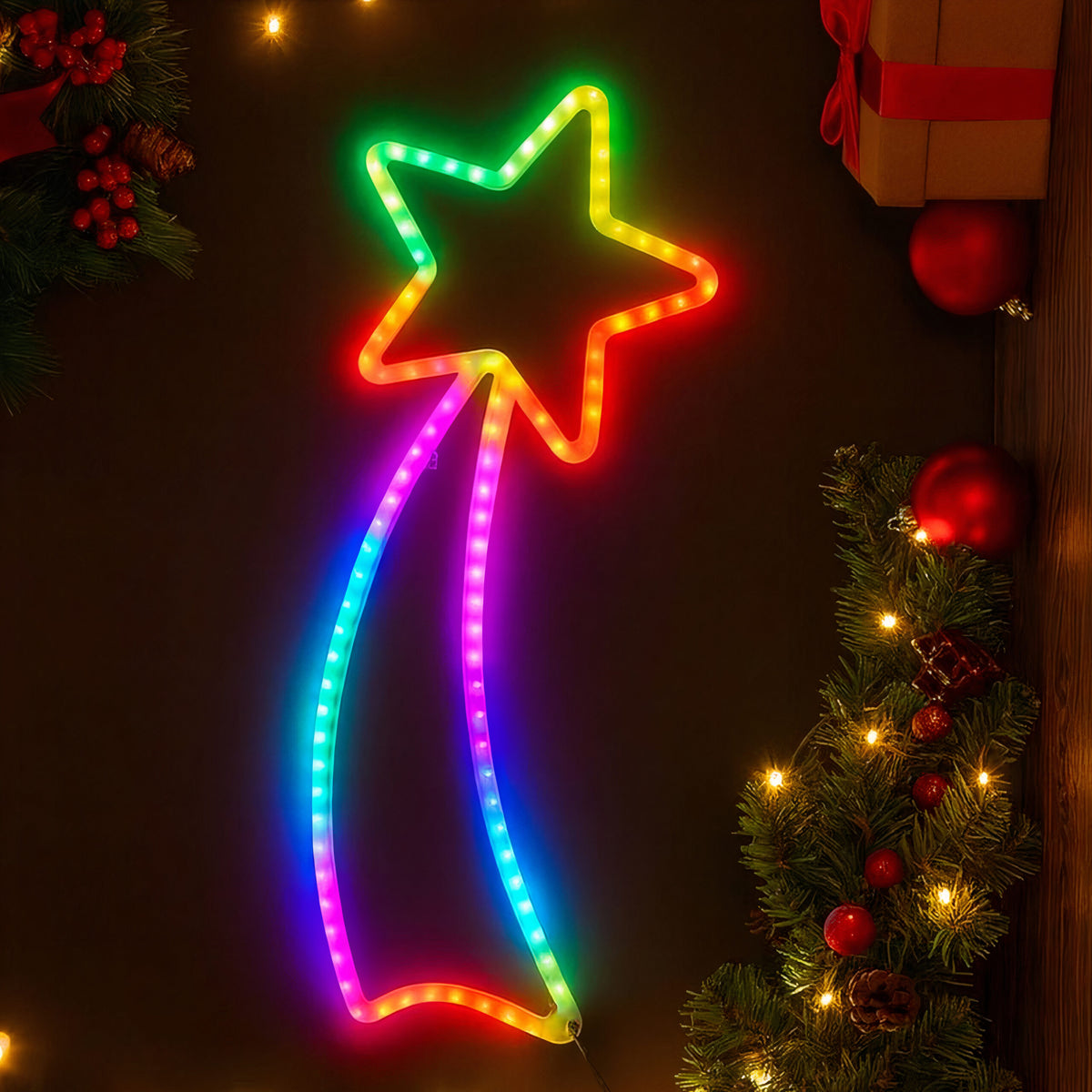 Decoratiune Crăciun 65x28cm Model Stea, cu Lumină Multicolora LED din Silicon, Ornament Suspendat Transparent Engros