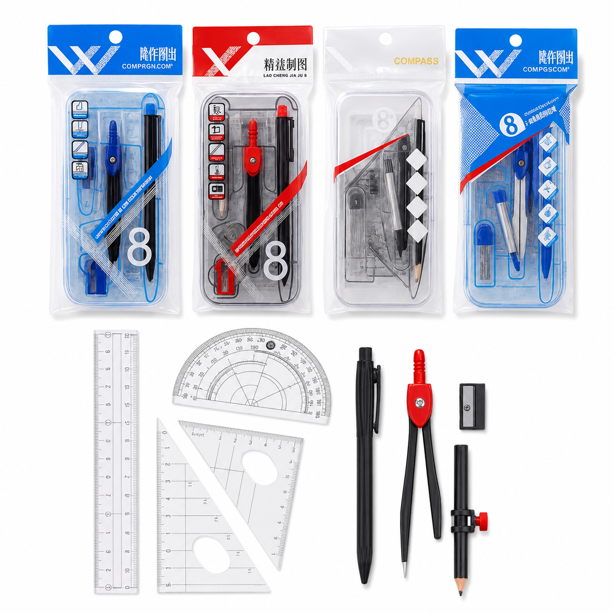 Trusa de Geometrie din Plastic 12/Set, cu 8 Instrumente Engros