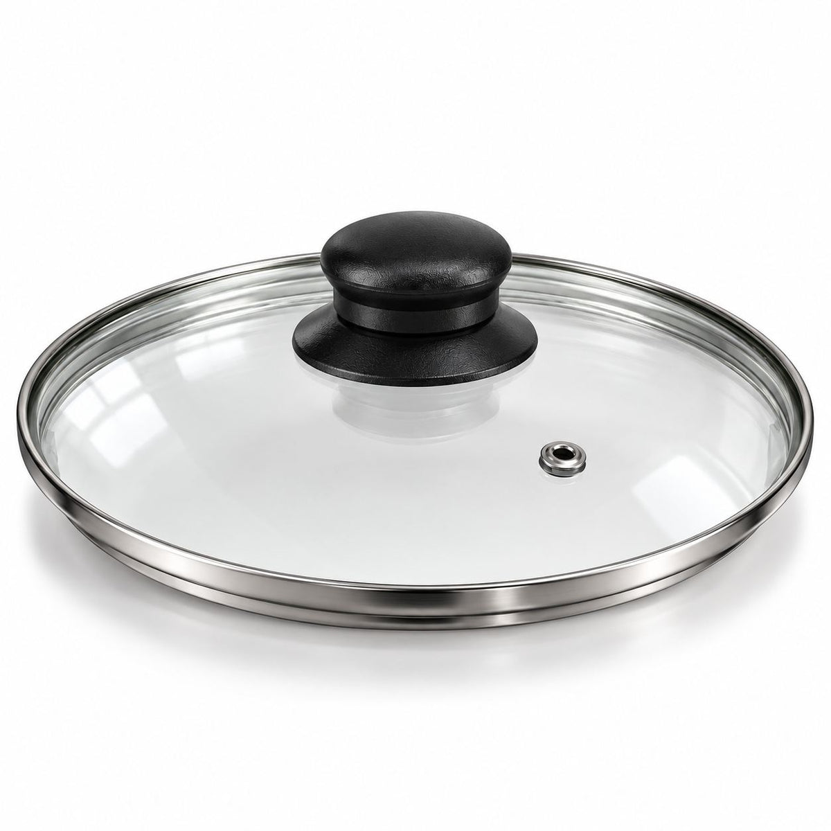 Capac din Sticla Termorezistenta GP 237/248, 24cm, Rotund, cu Margine din Inox, Maner Negru si Orificiu pentru Abur Engros