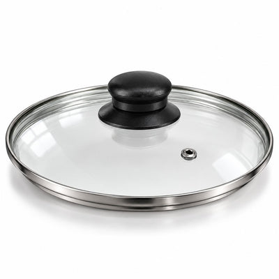 Capac din Sticla Termorezistenta GP 237/248, 24cm, Rotund, cu Margine din Inox, Maner Negru si Orificiu pentru Abur Engros